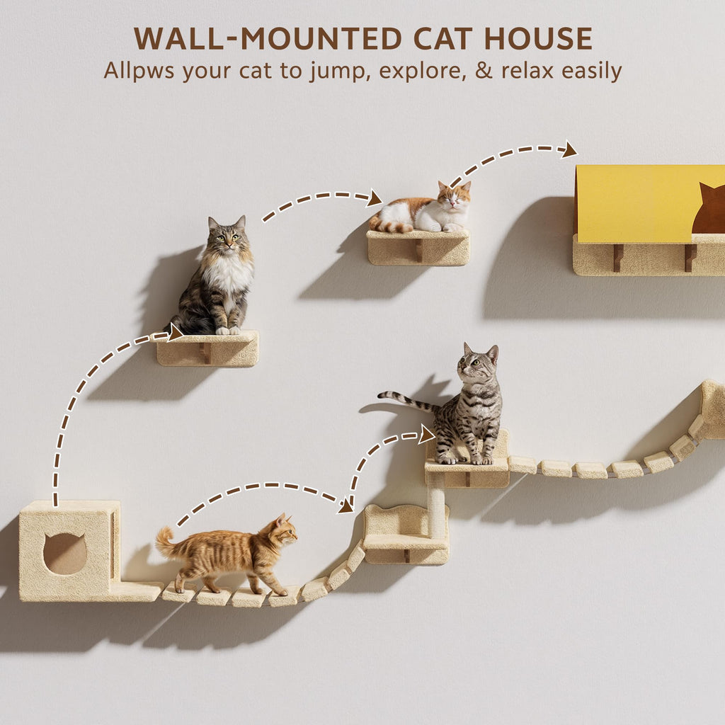 Homiflex 16-in-1 Cat Wall Shelves, Cat Furniture w/Tunnel & Bridge, Beige