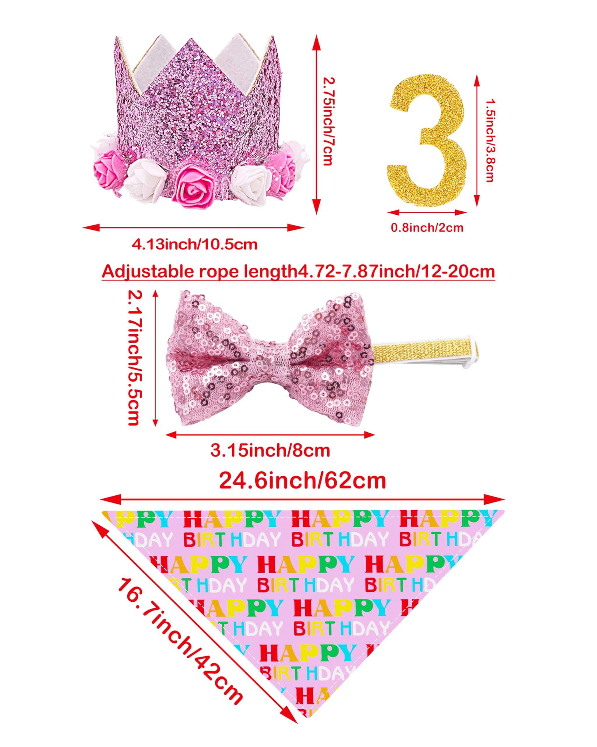 PET SHOW Pink Floral Hat, Bandana & Collar Bows Charms Set - Dog, Cat, Rabbit, Pig Birthday Gift - Reusable Adjustable Hat with 0-9 Figures, Pink for Girls - Apparel