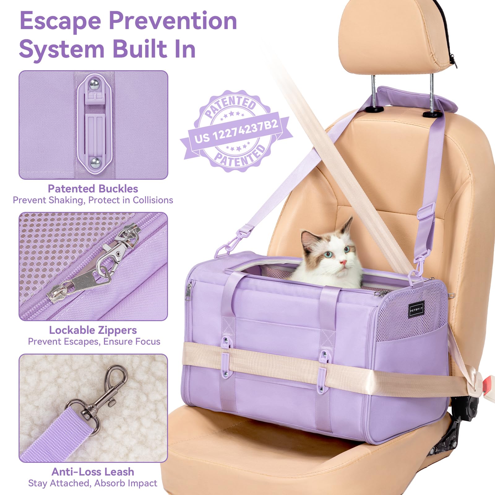 PETSFIT Cat Carrier Soft with Patented Safety Buckles, Safe for Car Travel