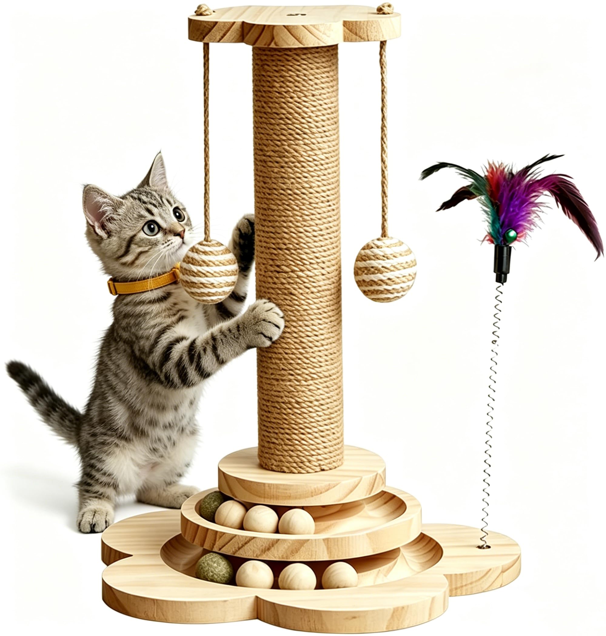 KHALOR Cat Scratching Post for Kittens, 4 in 1 Wooden Cat Scratcher Toy, 17.7" Tall Scratch Post with 2 Level Cat Track Balls, Interactive Feather Toy and 2 Sisal Hanging Balls for Indoor Kittens