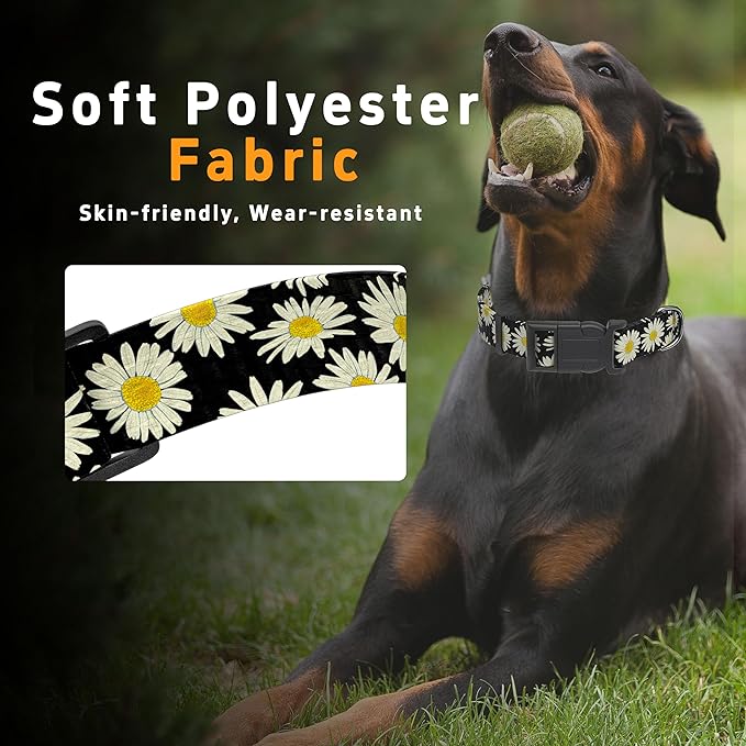Dog Collar, Daisy Boys Girls Puppy Collar for Small Medium Large Dogs, Adjustable Soft Floral Pet Collar with Safety Buckle for Male Females(Black Daisy,S)