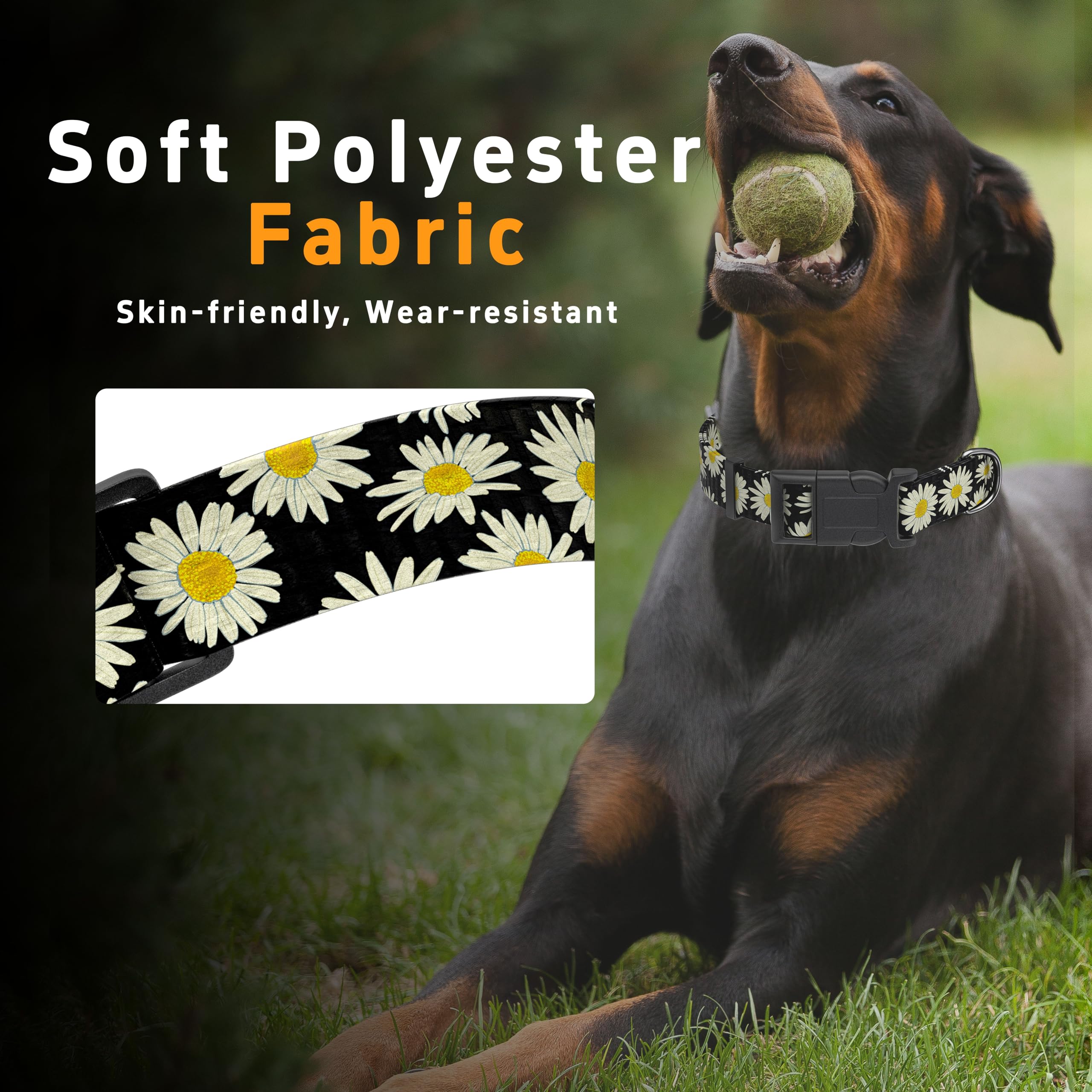 Seyezo Dog Collar, Daisy Boys Girls Puppy Collar for Small Medium Large Dogs, Adjustable Soft Floral Pet Collar with Safety Buckle for Male Females(Black Daisy,XS)