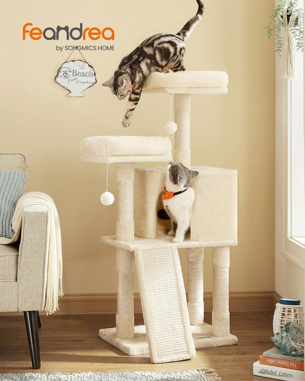 Feandrea Cat Tree, 45.3-Inch Cat Tower, Plush Condo Scratching Post, Beige