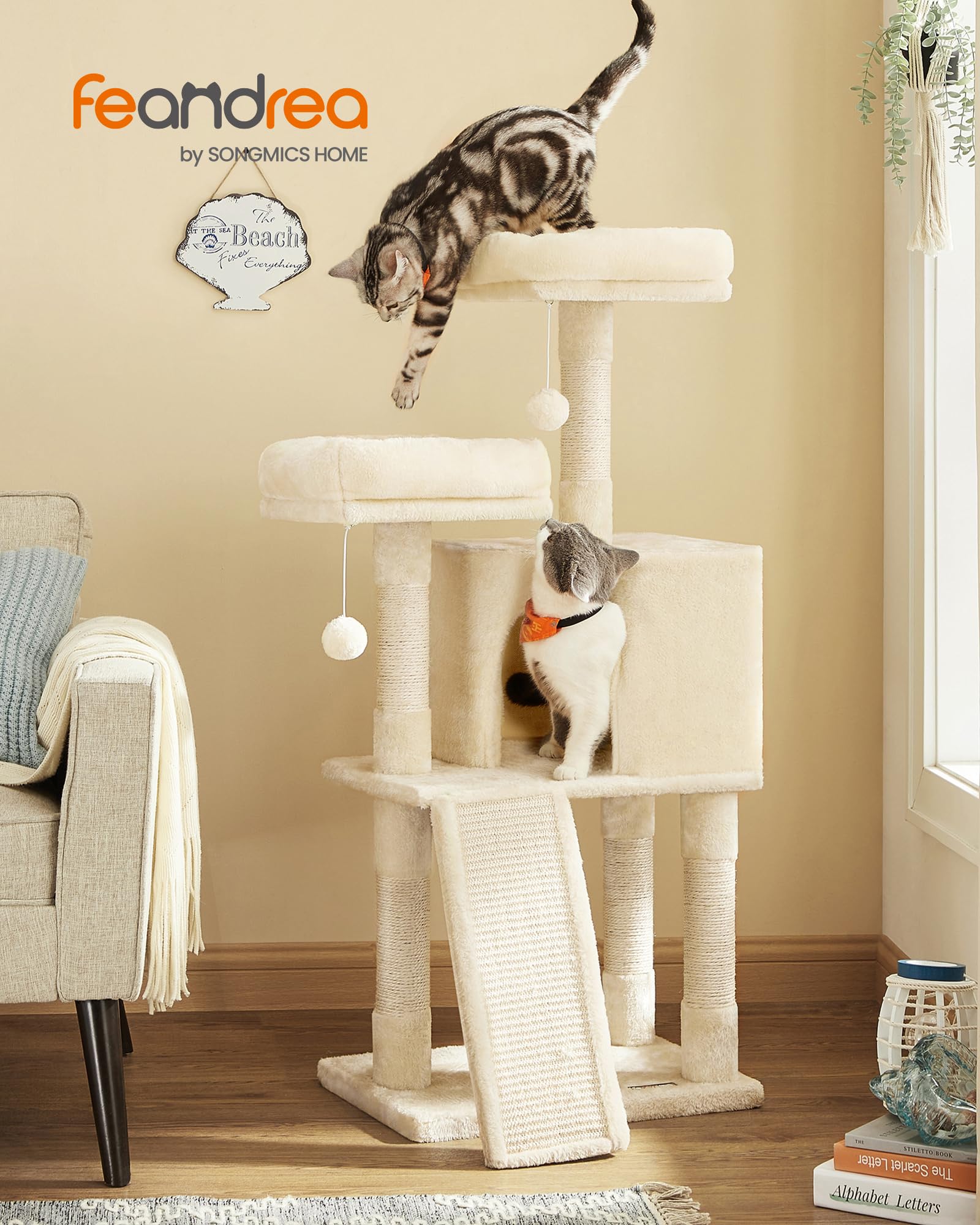 Feandrea Cat Tree, 45.3-Inch Cat Tower, Plush Condo Scratching Post, Beige