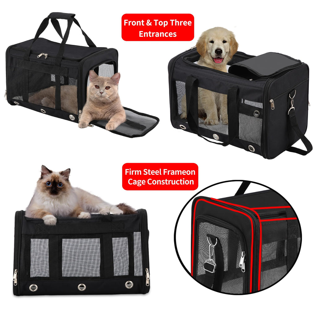 Soft Sided Cat/Dog Carrier,Collapsible Pets Travel Carriers for Pet/Puppy with Shoulder Strap & Removable Mat,Mesh Top Load Small Dogs/Cats Carry Bag Up to 17 Lbs TSA Airline Approved（Black,M）