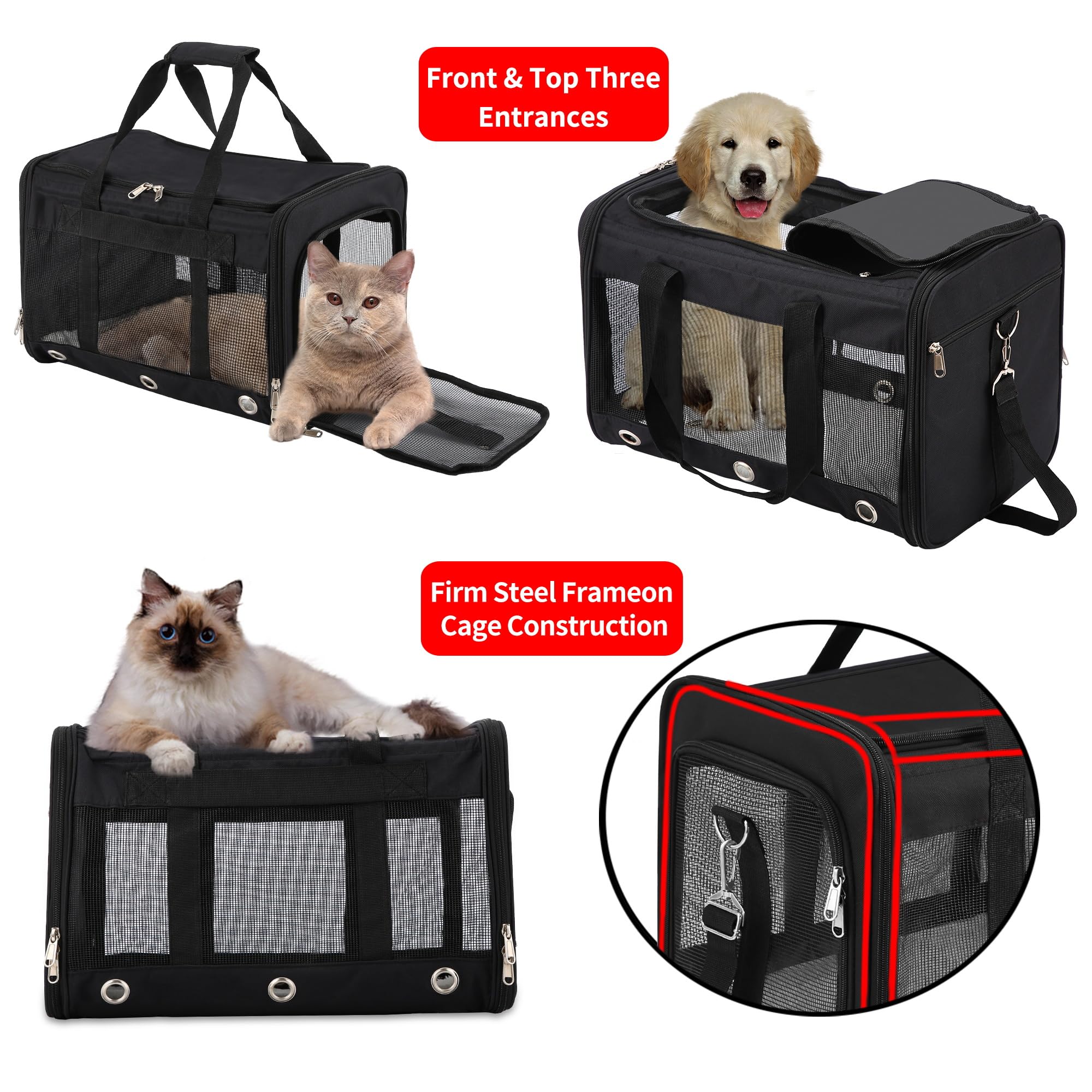 Soft Sided Cat/Dog Carrier,Collapsible Pets Travel Carriers for Pet/Puppy with Shoulder Strap & Removable Mat,Mesh Top Load Small Dogs/Cats Carry Bag Up to 17 Lbs TSA Airline Approved（Black,M）