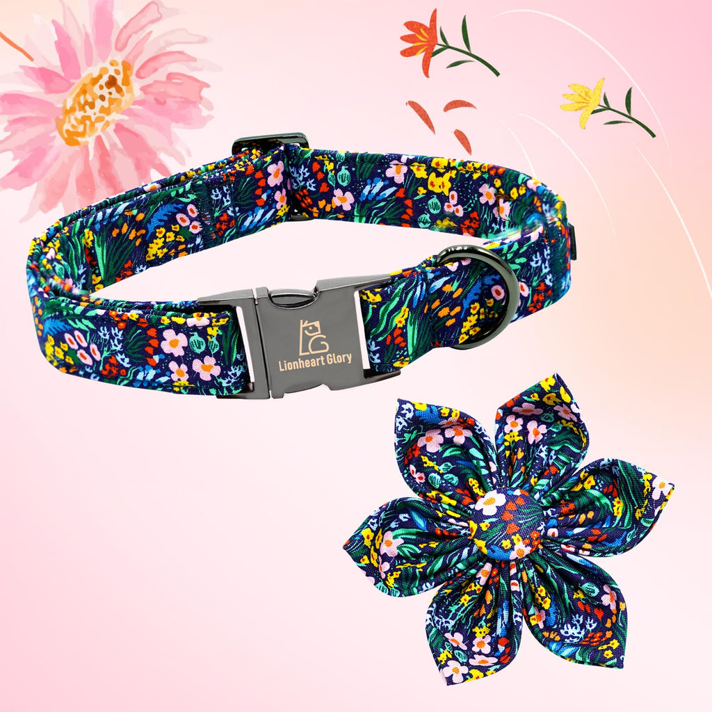 Lionheart Glory Floral Dog Bow Collar - Dark Blue, Adjustable, Durable for Small Dogs