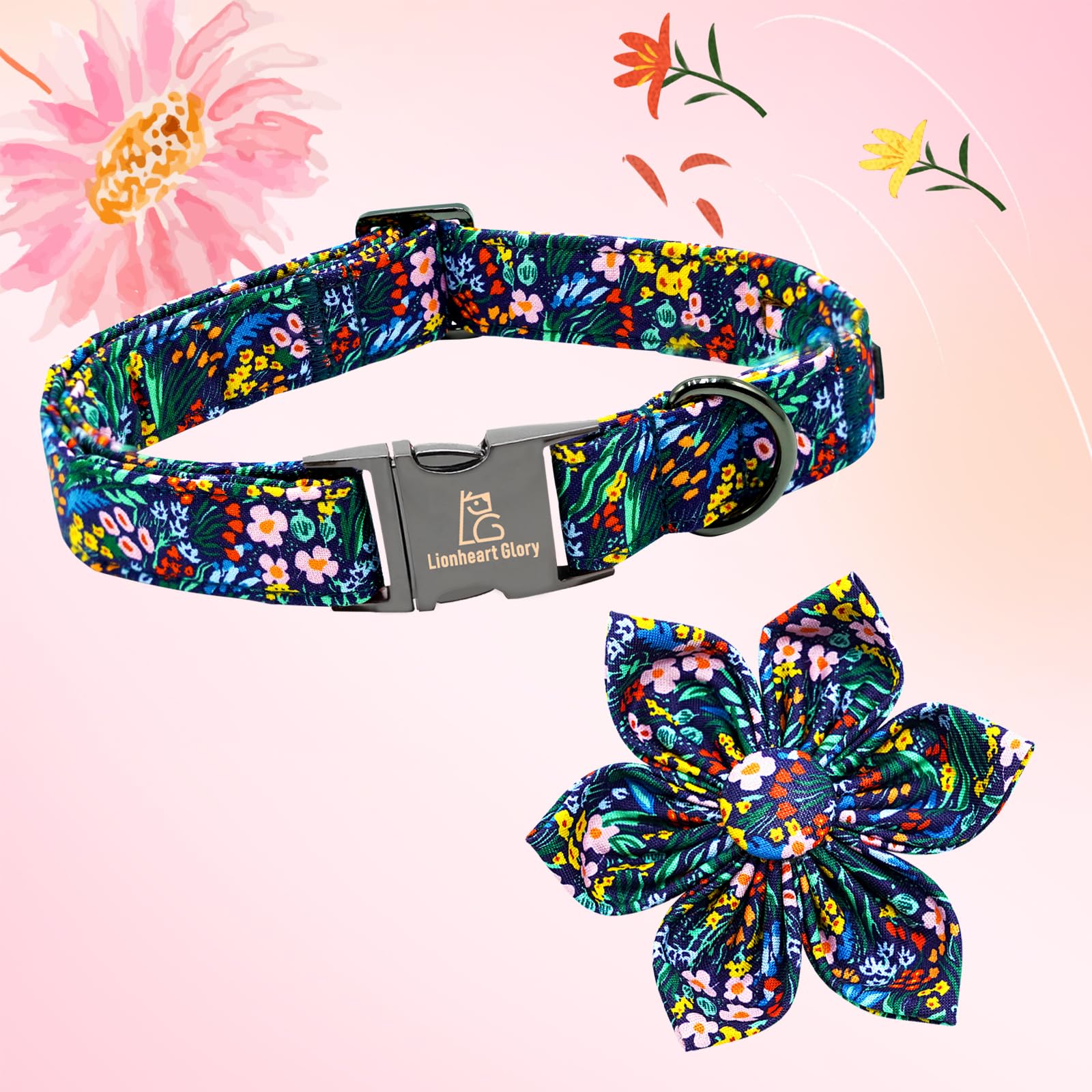 Lionheart Glory Floral Dog Bow Collar - Dark Blue, Adjustable, Durable for Small Dogs