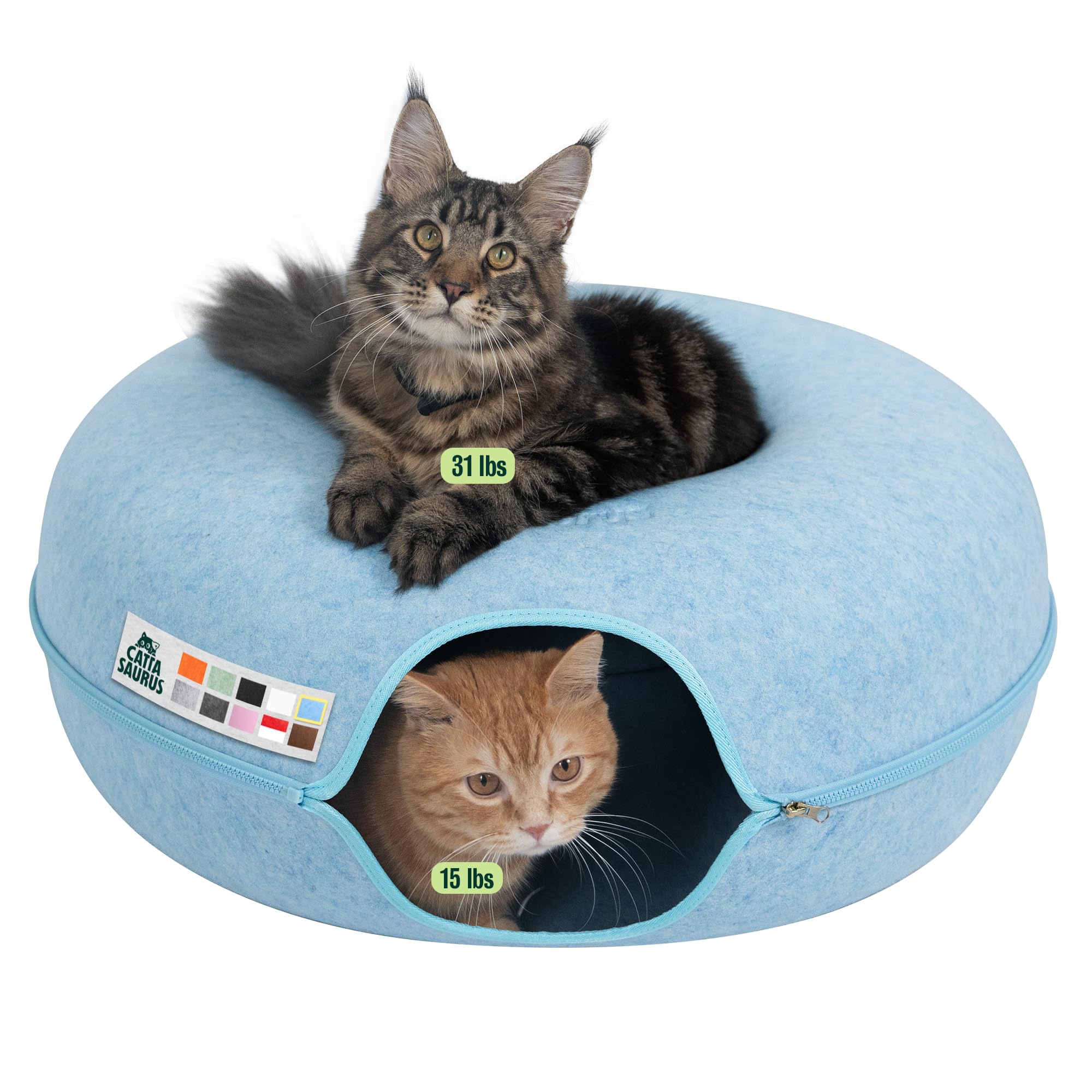 Cattasaurus Peekaboo Cat Cave Donut for Multiple & Large Cats up to 30-45 lbs, 3-in-1 Self Warming Cat Bed, Tunnel & Scratcher for Indoor Cats, Washable & Detachable Small Dog Bed (Blue, Jumbo)