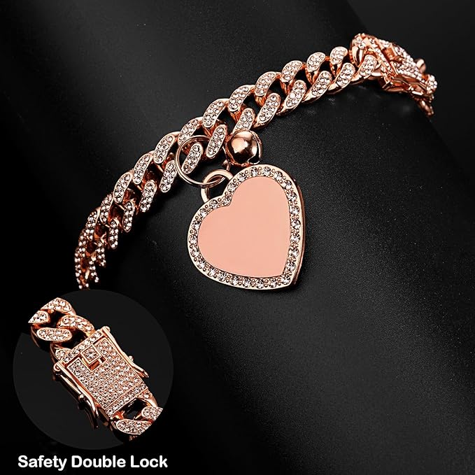 Hillban Dog Chain Gold-Plated Diamond Collar with Heart Rhinestones Jewelry Pet ID Tag Chain Bling Puppy Collar with Personalized Name Tag for Small Medium Large Dog Cat(Rose Gold,12 Inch)