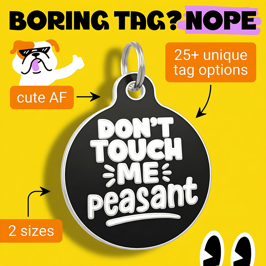 Bad Tags Personalized Dog and Cat ID Tags in 25+ Designs and 2 Sizes - 5 Lines of Custom Engraved Text - Funny Cute Personalized Pet Tags (Don't Touch Me Peasant, Large (1.25 inch))
