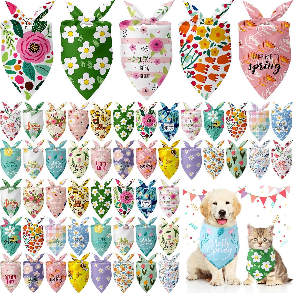 Kacctyen 50 Pcs Spring Dog Bandanas Bulk Pet Bandanas with Flowers, Medium