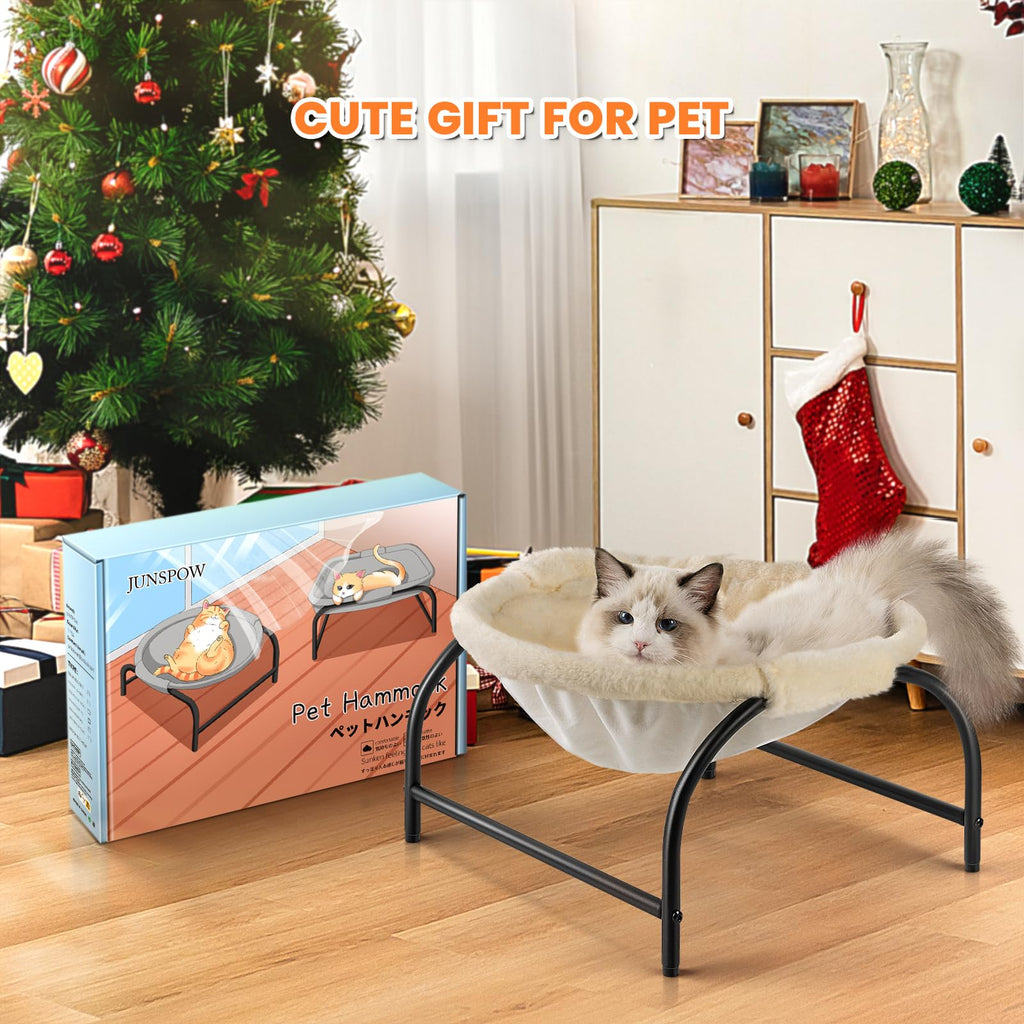 JUNSPOW Cat Bed Dog Perch Pet Hammock, 16.9in x 16.9in x 9.5in, Grey+Fur