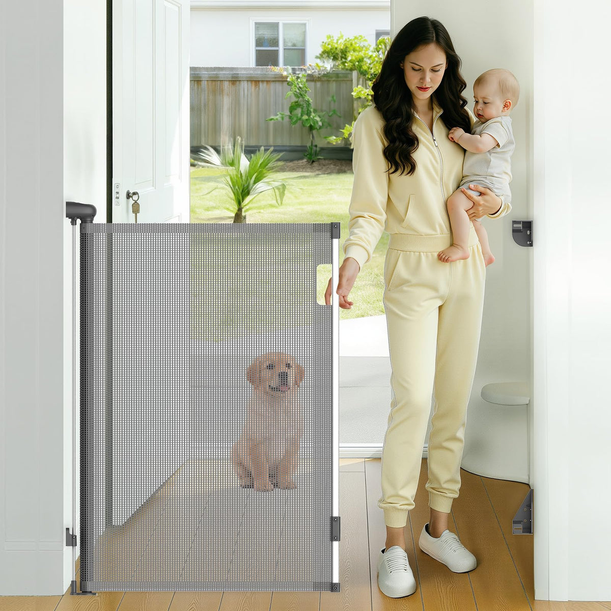 TrusTot Retractable Baby Gate, 38" Extra Tall Mesh Dog Gate with Auto-Tension Design, 71" Wide One-Hand Operation Doorway Gates for Pets & Babies, No Bottom Rail Safety Gate for Hallways, Gray