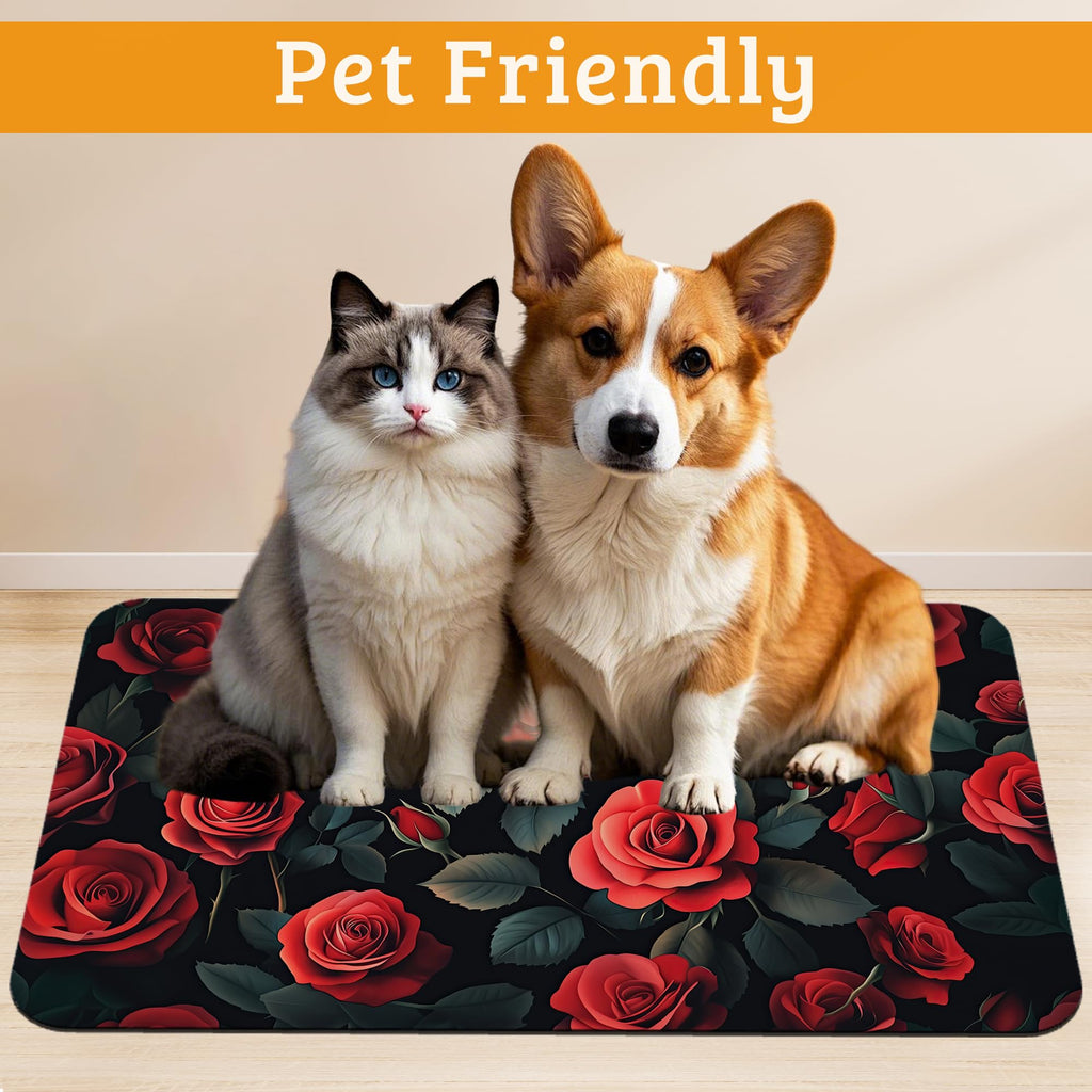 Retro Rose Feeding Mat,Green Leaf Absorbent Quick-Dry Cat Dog Food and Water Bowl Mats,Non-Slip Rubber Backing Mat,Cat Dog Accessories Supplies 12" x 20"
