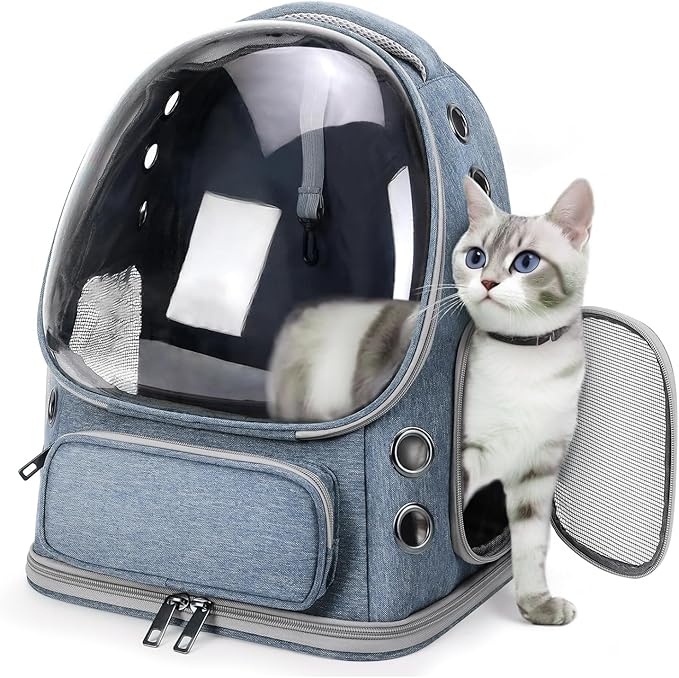 Breathable Cat Backpack Carrier, Large Space Cat Bubble Backpack for Kitty & Small Dog up to 18lbs, Foldable Cat Carrier Backpack, Transparent Airline Approved Carrier for Travel (Black)