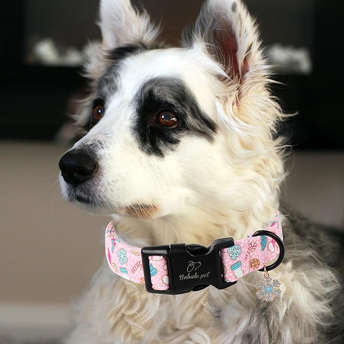 Babole Pet Christmas Dog Collar for Small Dogs - Cute Snowflake Print Pink Christmas Collars for Dogs, Soft Adjustable Winter Holiday Dog Collars with Quick Release Buckle S
