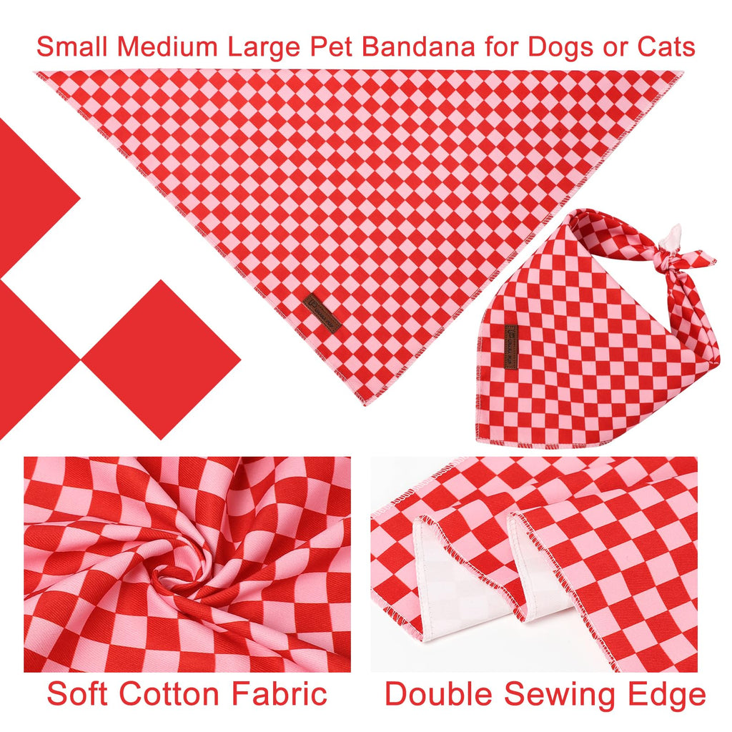 UP URARA PUP Red and Pink Plaid Dog Bandana–Red and Pink Checked Triangle Scarf for Small Medium Large Dogs, Soft Cotton Pet Bib for Dogs, Adjustable Dog Kerchief