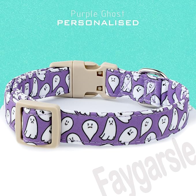 Faygarsle Halloween Dog Collar with Charm, Purple with Ghost Pattern, for Small Medium Large Dogs, S