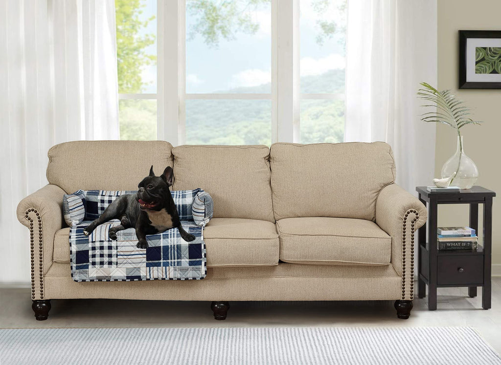Brilliant Sunshine Blue Plaids and Stripes Patchwork Pet Sofa Bed, Quilted, Slip Resistant, Washable Couch Protector with Removable Bolster Cushions, Furniture Cover for Pets, Dogs, Cats, Medium, Blue