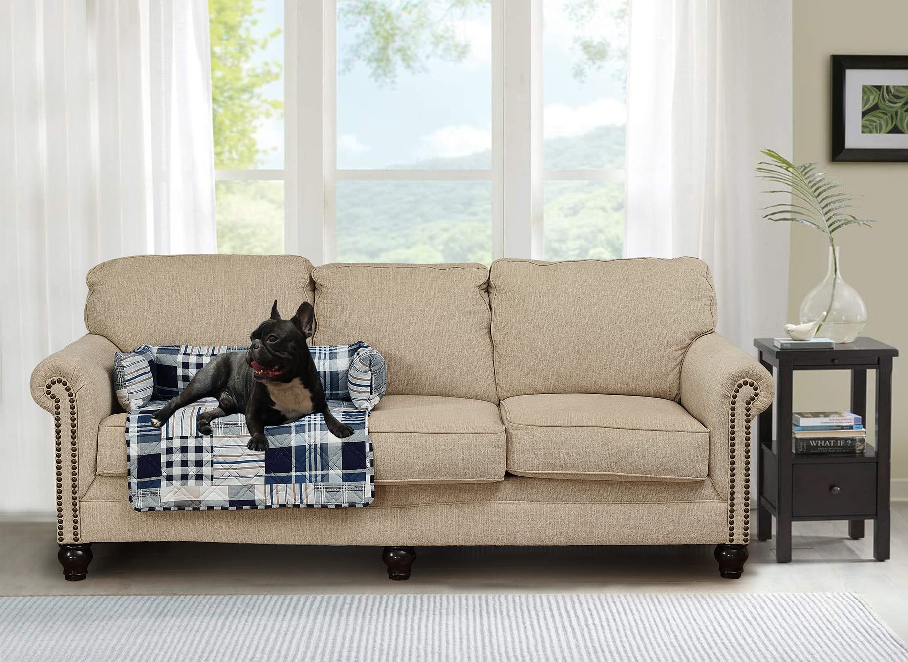 Brilliant Sunshine Blue Plaids and Stripes Patchwork Pet Sofa Bed, Quilted, Slip Resistant, Washable Couch Protector with Removable Bolster Cushions, Furniture Cover for Pets, Dogs, Cats, Medium, Blue