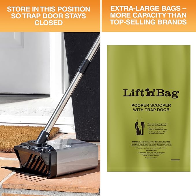 Neater Pet Brands Lift N’ Bag 2.0 Dog Pooper Scooper with Bag Attachment & 22" Pole for Small to Large Dogs, New & Improved Design, 60 Refill Bags, Heavy Duty Dog Poop Scooper for Yard, One-Hand Use