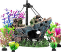 Xereooe 8Pcs Fish Tank Decorations Set Sunken Ship Decoration,Resin Material Fish Tank Accessories Accessories for Natural Look, Aquarium Shipwreck x 1pc, Aquatic Plants x 7pcs