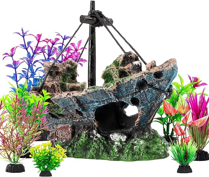 Xereooe 8Pcs Fish Tank Decorations Set Sunken Ship Decoration,Resin Material Fish Tank Accessories Accessories for Natural Look, Aquarium Shipwreck x 1pc, Aquatic Plants x 7pcs