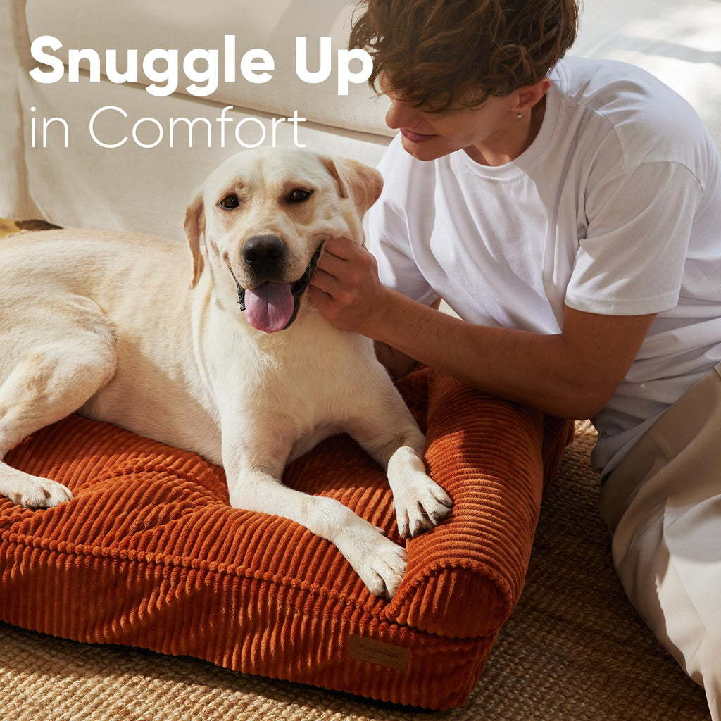 FUKUMARU Cute Dog Bed, Waterproof Corduroy Dogs Couch, 36in Orthopedic Pet Sofa for Medium to Large Dogs Dog, Warm Cotton Pet Bed with Washable Cover, Orange