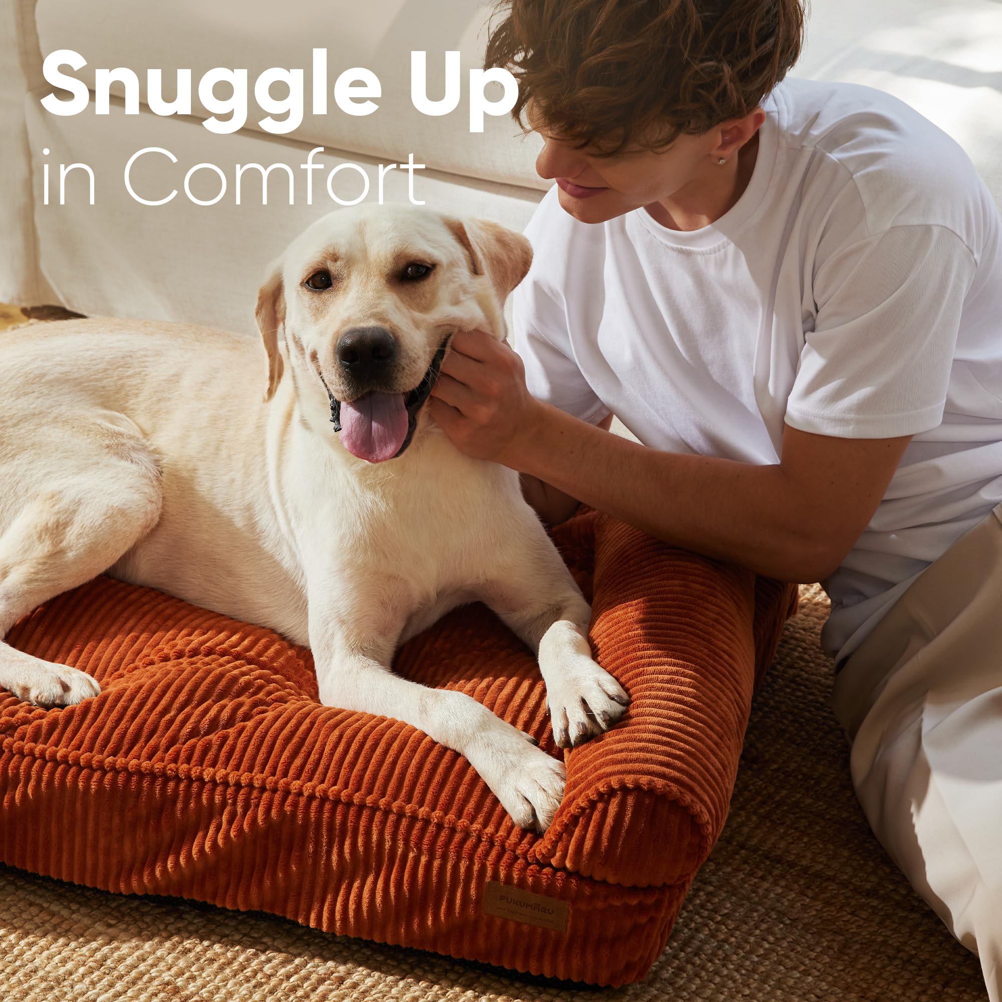 FUKUMARU Cute Dog Bed, Waterproof Corduroy Dogs Couch, 36in Orthopedic Pet Sofa for Medium to Large Dogs Dog, Warm Cotton Pet Bed with Washable Cover, Orange