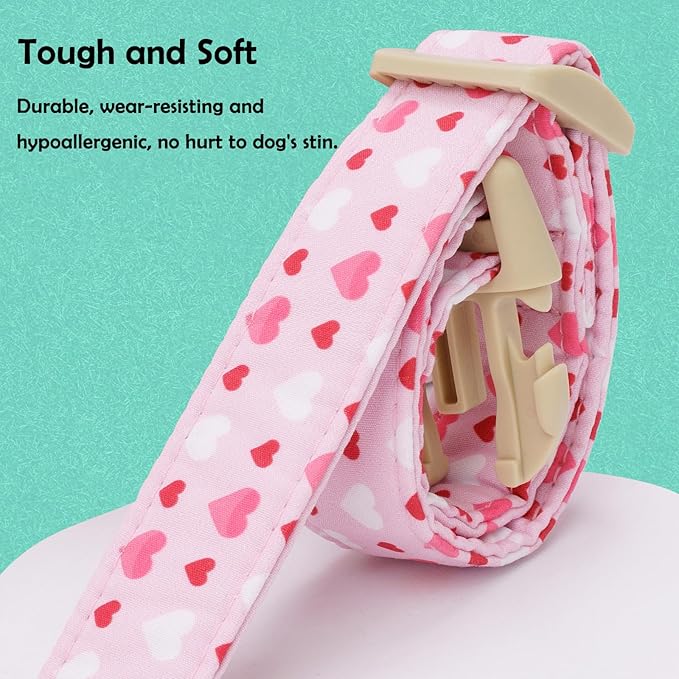 Faygarsle Valentine's Day Dog Collar, Pink with Red and White Hearts Pattern, Heart Charm, M