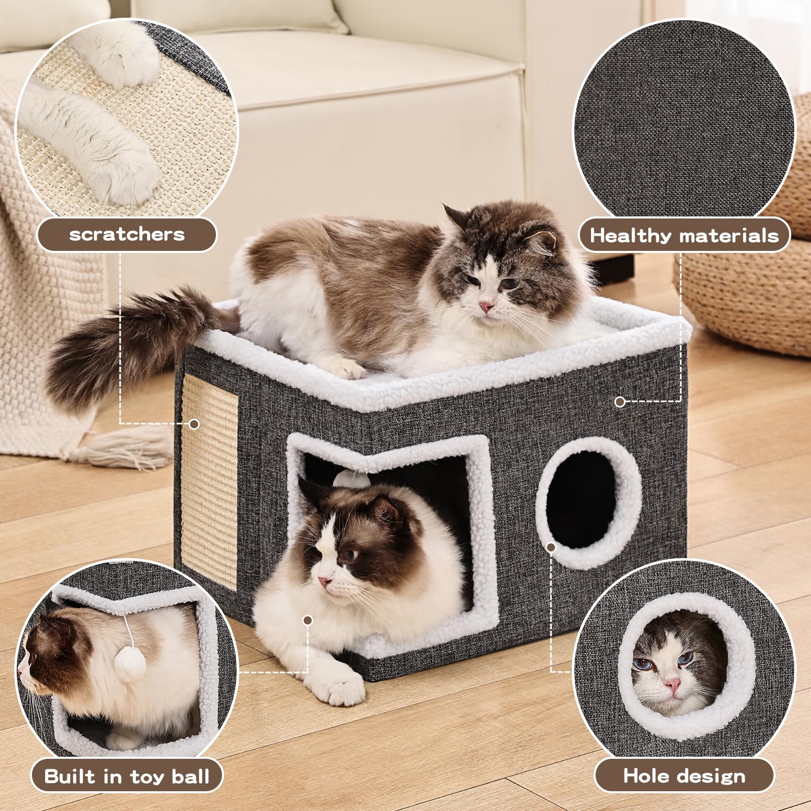Crispedia Large Cat Houses for Indoor Cats with Fluffy Ball and Scratch Pad