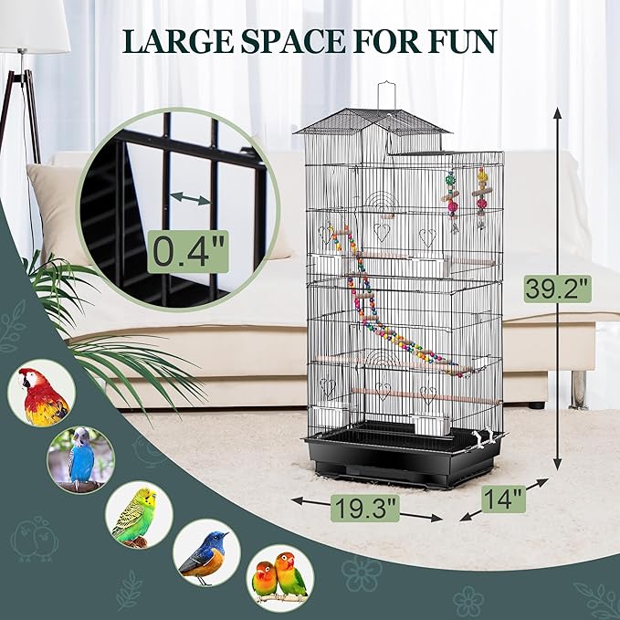 ZENY 39-inch Roof Top Large Flight Parrot Bird Cage for Small Quaker Cockatiel Canary Sun Parakeet Green Cheek Finch Budgie Lovebirds Wrought Iron Pet Bird Cage w/Toys