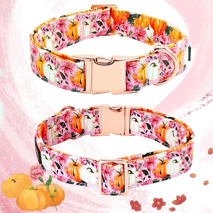 Bobo Rainbow Fall Dog Collar, Pink Flower Pumpkin Print Adjustable Pet Collar Cute Cotton Soft Collars with Bow Tie Metal Buckle Holiday Puppy Collars Boy&Girl Gift for X-Small Dogs