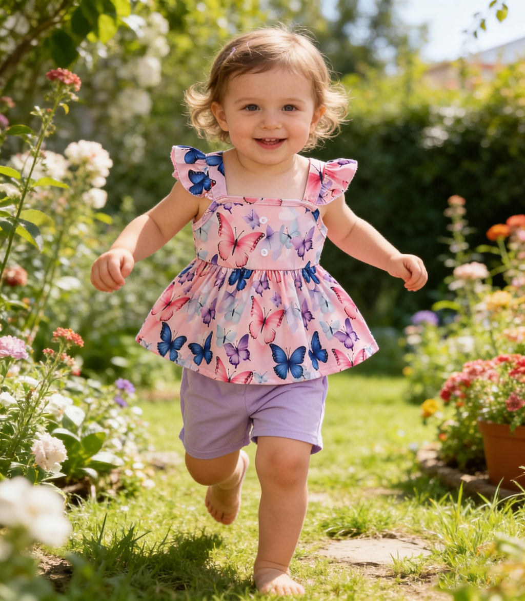 Popshion Girls Short Set Toddler Girls Summer Clothes Butterfly Outfit Ruffle T-Shirt Purple Short Outfits Cute 2 Piece Outfits Size 7t/2040