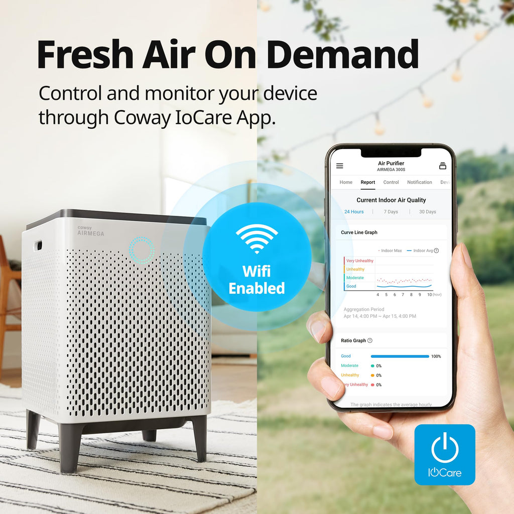 COWAY Air Purifier for Large Room Whole Home Up to 2,512ft², HEPA Filter for Smoke, Allergies, Pet Dander, Odor, App-Enabled, AQI, Smart Mode, Timer, 5yr Warranty, Airmega 300S, AP-1515G