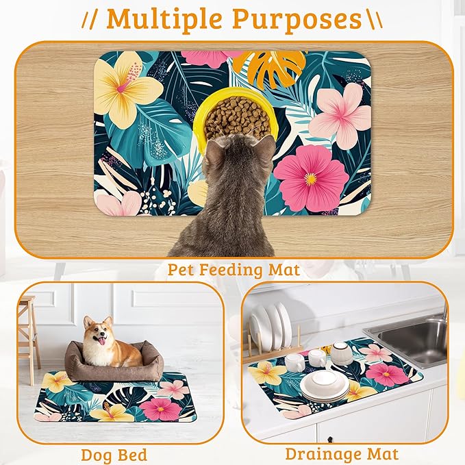 Tropical Palm Dog Food Mat,Exotic Leaves Floral Absorbent Pet Feeding Mat for Food and Water Bowl,Quick Dry Dog Placemat Non Slip Rubber Backing Waterproof Pet Supplies 16" x 24"