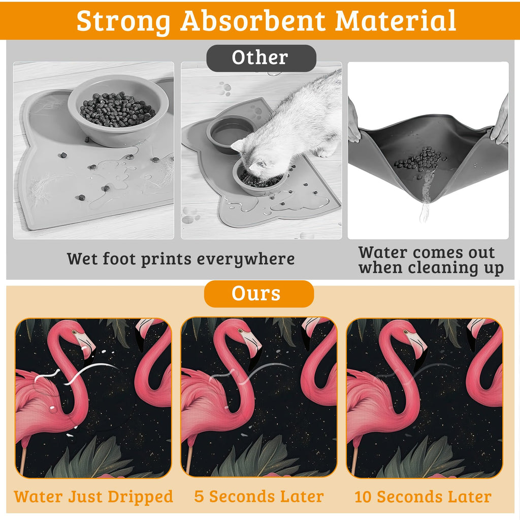 Pet Feeding Mat,Pink Flamingo Absorbent Dog Cat Food Mat Palm Leaves Dog Mat with Rubber Backing,Non-Slip Water Bowl Placemat,Pet Supplies 16" x 24"