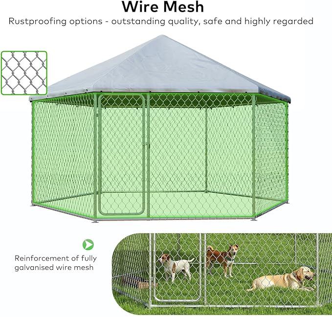 9.1x9.1 FT Outdoor Dog Kennel Heavy Duty Dog Enclosure with Waterproof Cover and Security Lock, Galvanized Wire Mesh Hexagonal Large Dog Kennel(109.4x109.4x95.3IN)