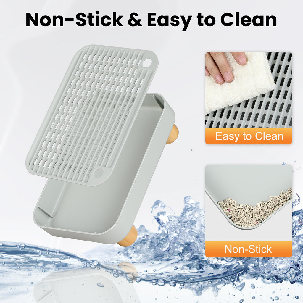 Aothey Litter Box Step, Litter Box Ramp/Catcher with Wooden Base, Anti-Tracking & Easy to Clean, Ideal for Small & Elderly Cats (Grey)