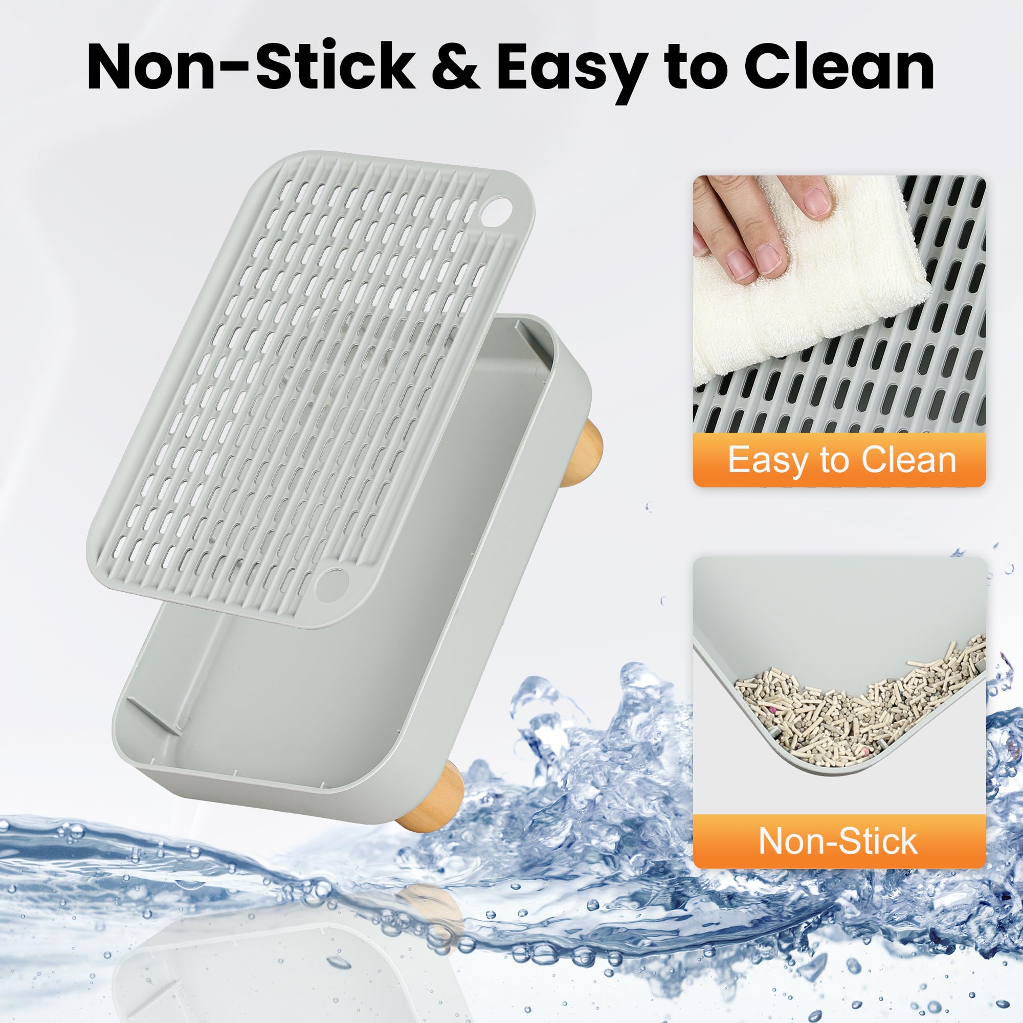 Aothey Litter Box Step, Litter Box Ramp/Catcher with Wooden Base, Anti-Tracking & Easy to Clean, Ideal for Small & Elderly Cats (Grey)