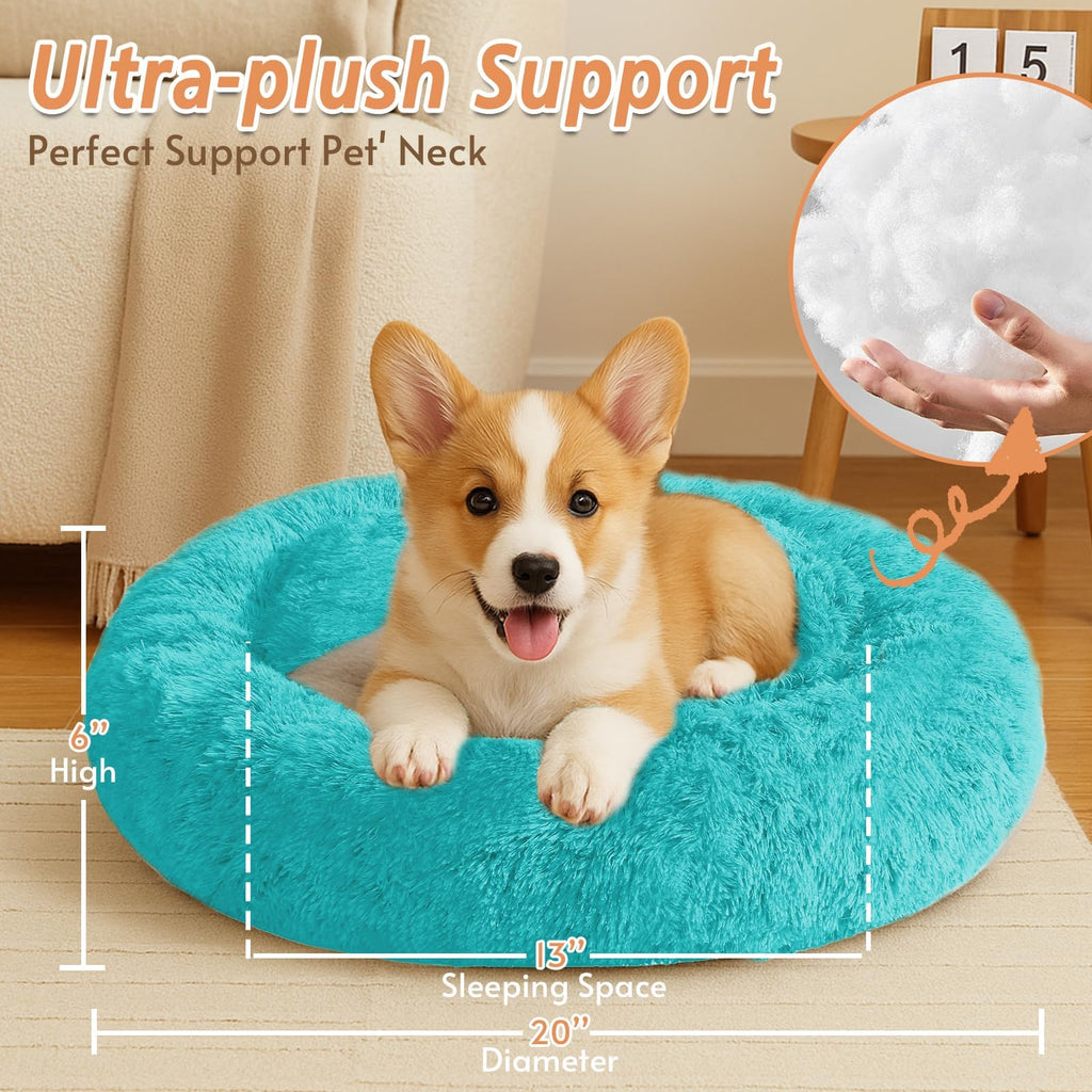 JOLLYVOGUE Calming Small Dog & Cat Bed for Indoor Cats - 20 inches Washable Donut Bed for Kittens & Puppies, Anti-Anxiety Round Fluffy Plush Pet Beds (Fits up to 15 lbs, Aqua Blue)