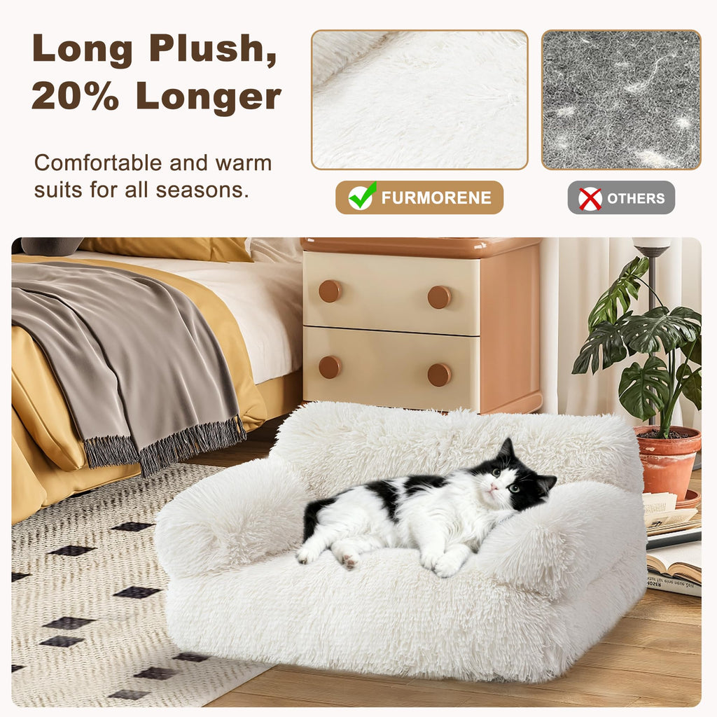 FURMORENE Large Cat Beds for Indoor Cats, Dog Couch Bed, Cute Cat Couch Sofas for Less 20lbs Kitten Puppy, Small Dog Sofas & Chairs with Removable Washable Cover, Soft Warm Pet Furniture, Plush White
