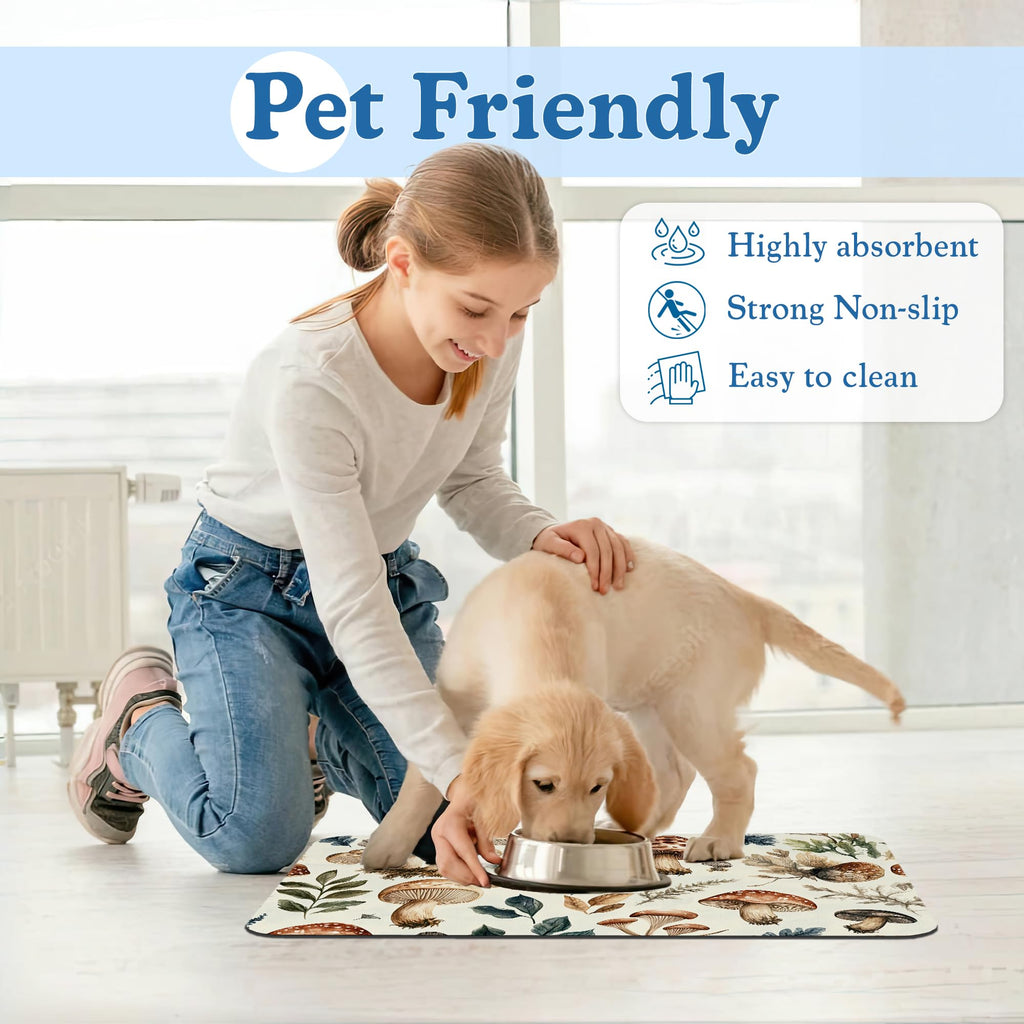 Vintage Mushroom Floral Dog Cat Food Mat–Absorbent Waterproof Placemat for Food and Water Bowls, Non Slip Rubber Backing, Feeding Mat for Clean Floors 12"x20"