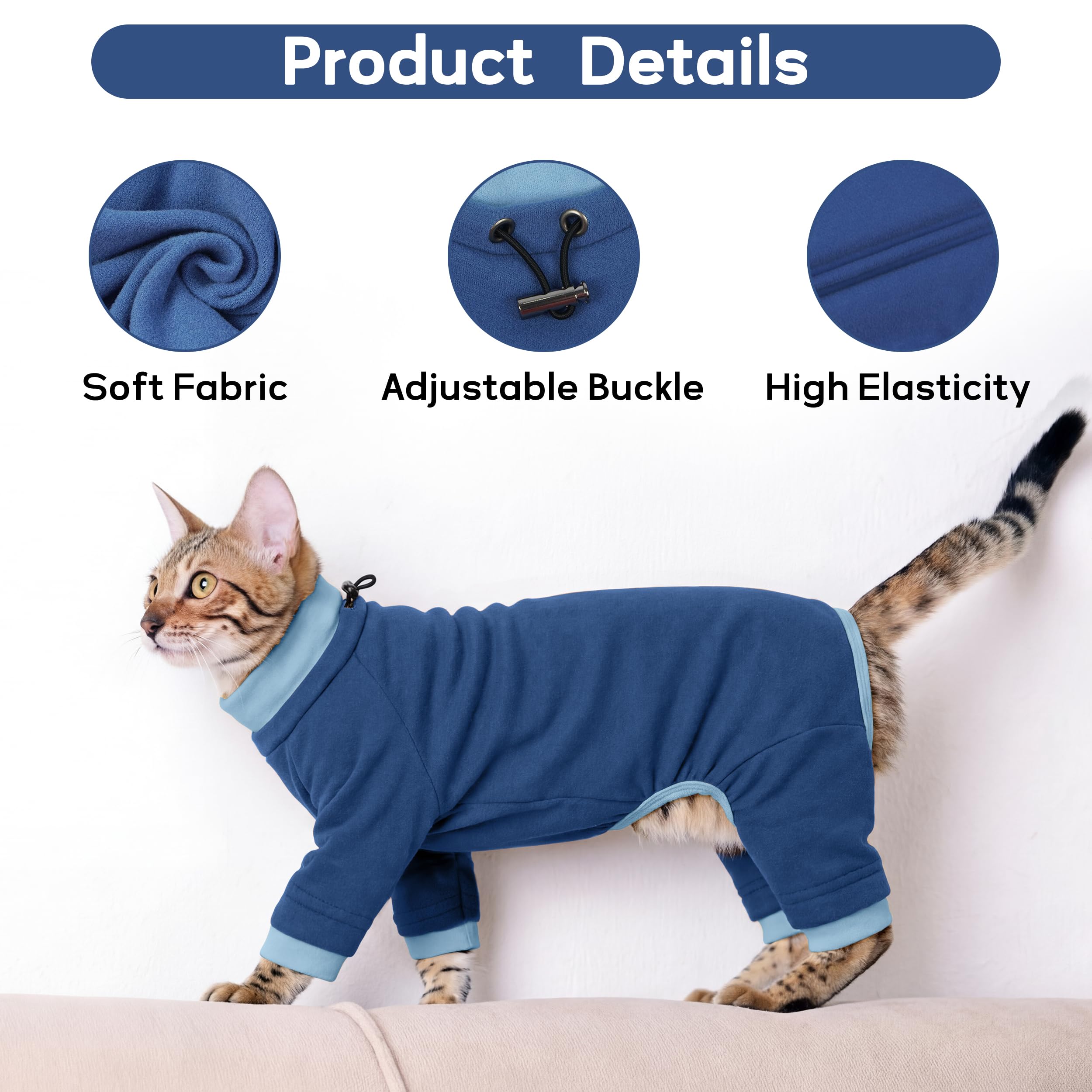 PUMYPOREITY Cat Hair Sticky Sweater, Recovery Suit - Breathable & Lightweight for Post-Surgery Protection, Cat Onsie Prevents Licking Wounds, Blue, 2XL