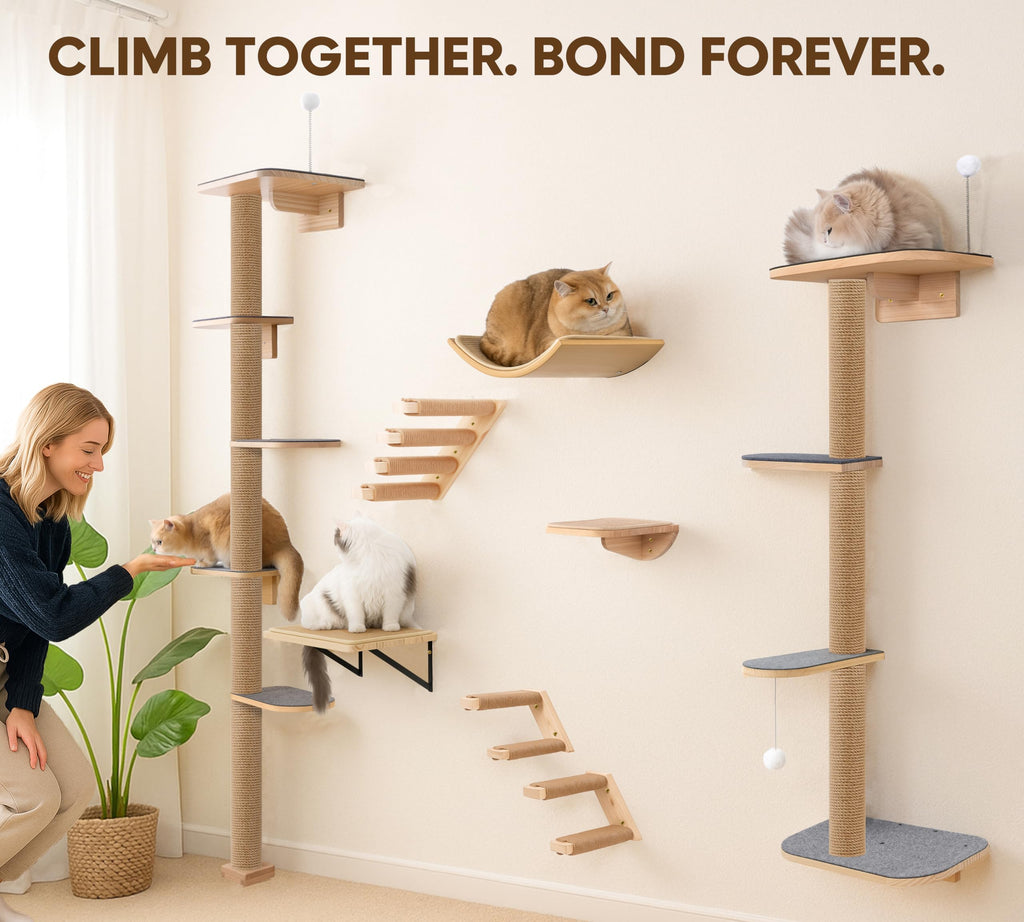 Floor to Ceiling Cat Tree for Kittens, 5-Tier Wall Mounted Cat Wall Shelves with Grey Felt Pads, Adjustable Wild Simulation Cat Tower, Natural Pine Wood Platforms for Climb, Scratch and Lookout