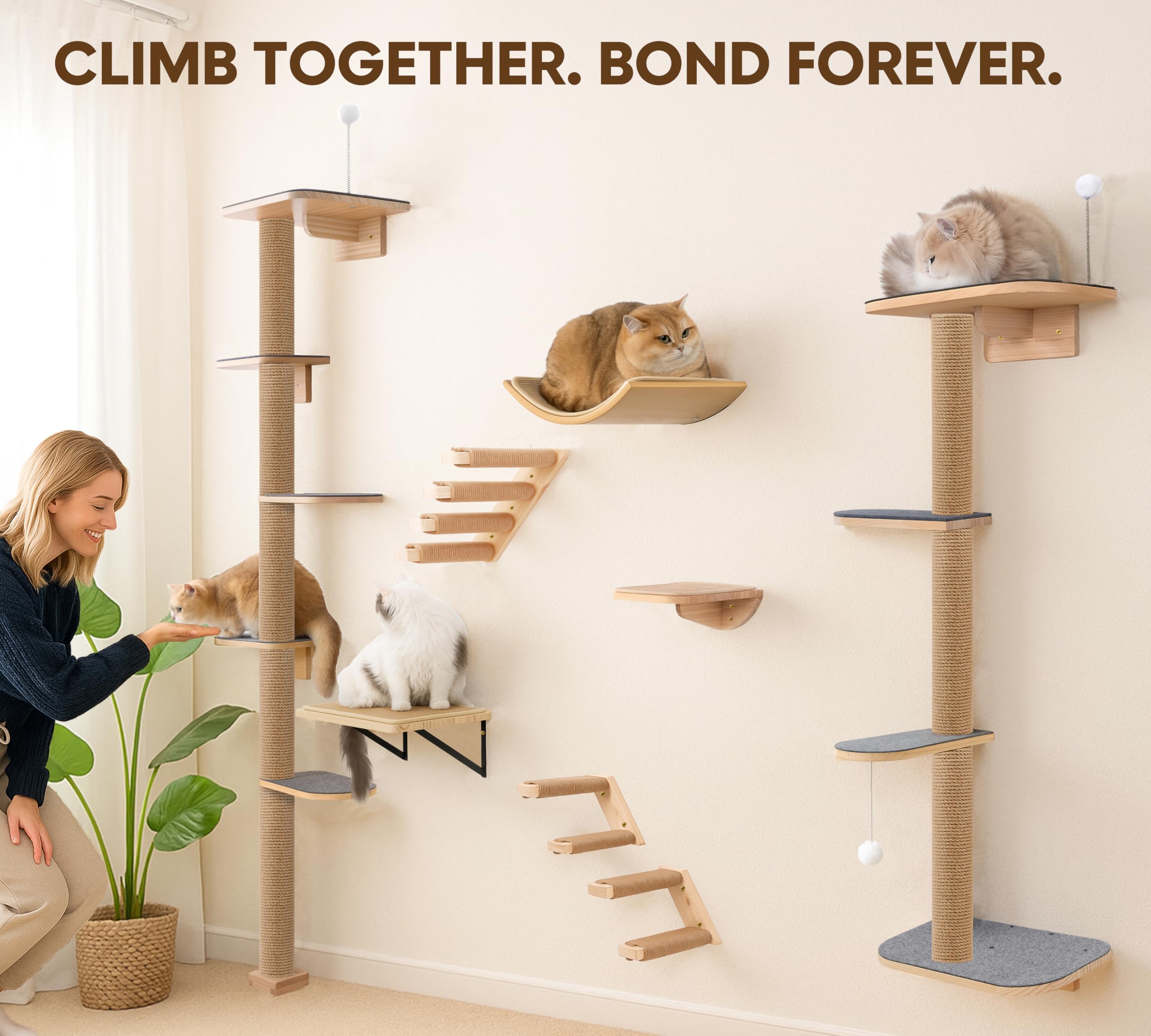 Floor to Ceiling Cat Tree for Kittens, 5-Tier Wall Mounted Cat Wall Shelves with Grey Felt Pads, Adjustable Wild Simulation Cat Tower, Natural Pine Wood Platforms for Climb, Scratch and Lookout