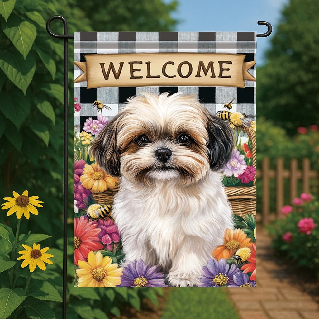Starlit Patio Spring Summer Garden Flag Shih Tzu Dog Flag 12x18 Inch Double-Sided Cute Puppy Yard Banner Buffalo Plaid Floral Outdoor Decor for Porch Lawn Pathway Dog Lover Housewarming
