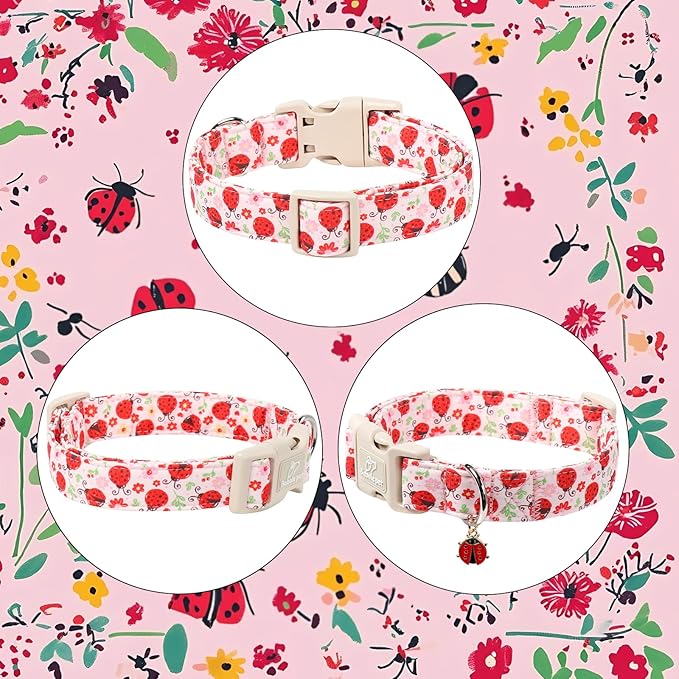Babole Pet Lucky Ladybug Dog Collar for Small Dogs - Sweet Pink Girl Dog Collars, Lightweight Adjustable Spring Garden Mom Dogs Collars with Quick Release Buckle S