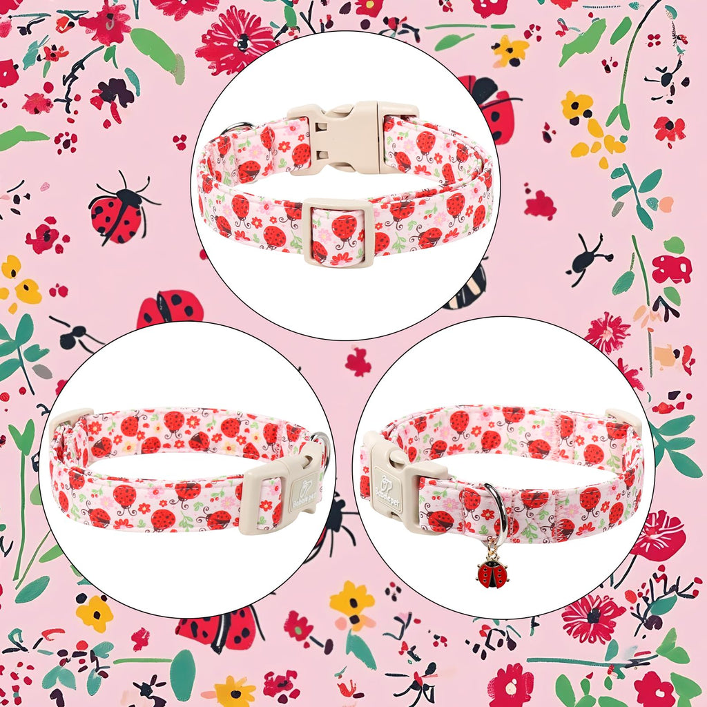 Babole Pet Lucky Ladybug Dog Collar for Puppy Small Dogs - Sweet Pink Girl Dog Collars, Lightweight Adjustable Spring Garden Mom Dogs Collars with Quick Release Buckle XS